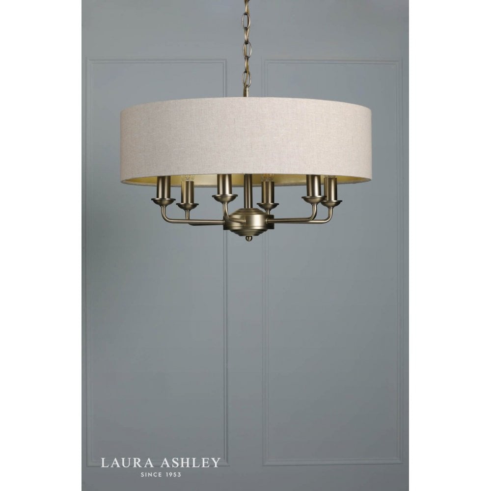 Sorrento 6 Light Pendant in Antique Brass C/W Natural Shade