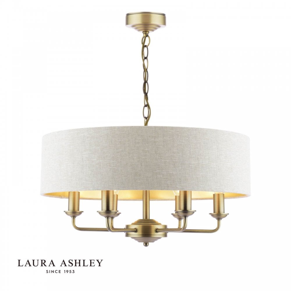 Sorrento 6 Light Pendant in Antique Brass C/W Natural Shade