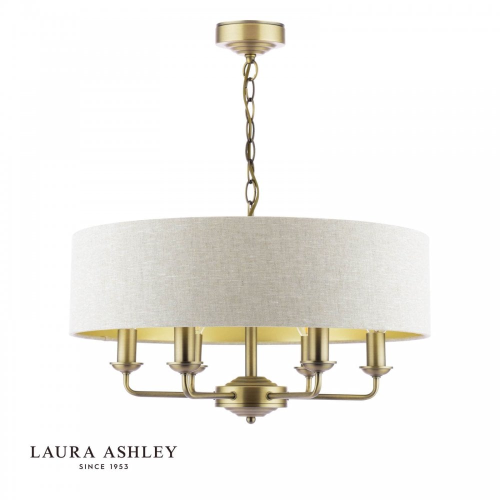 Sorrento 6 Light Pendant in Antique Brass C/W Natural Shade