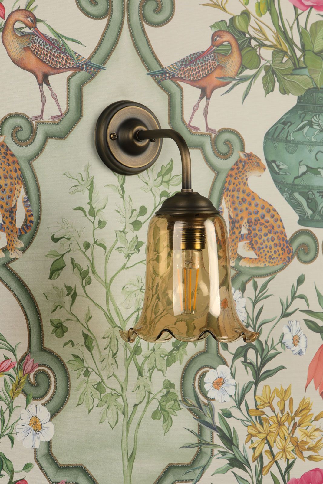 Ebba Antique Brass Wall Light with Amber Glass