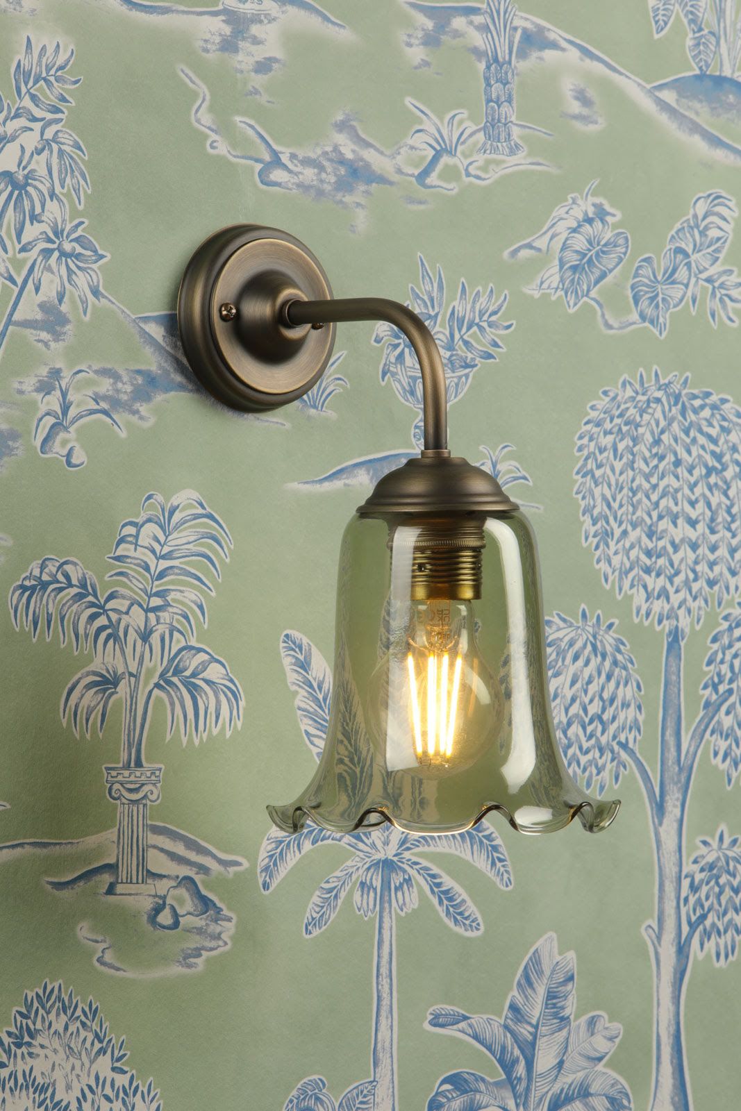 Ebba Antique Brass Wall Light with Green Glass