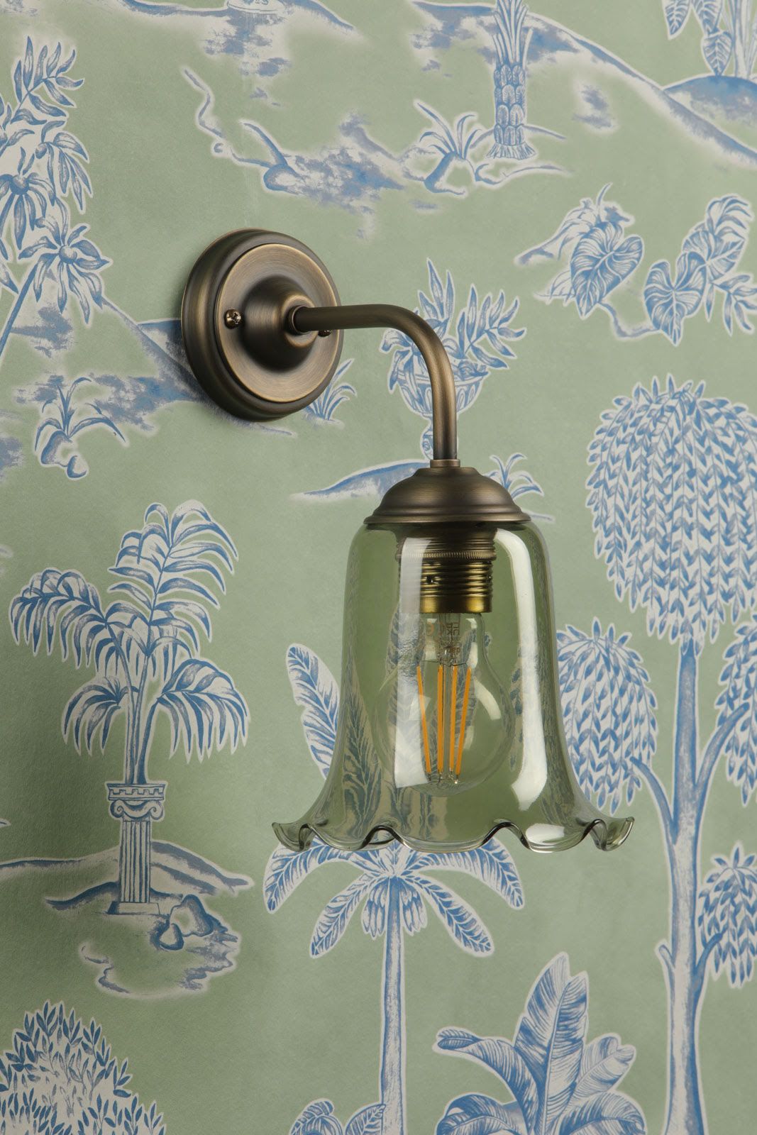 Ebba Antique Brass Wall Light with Green Glass