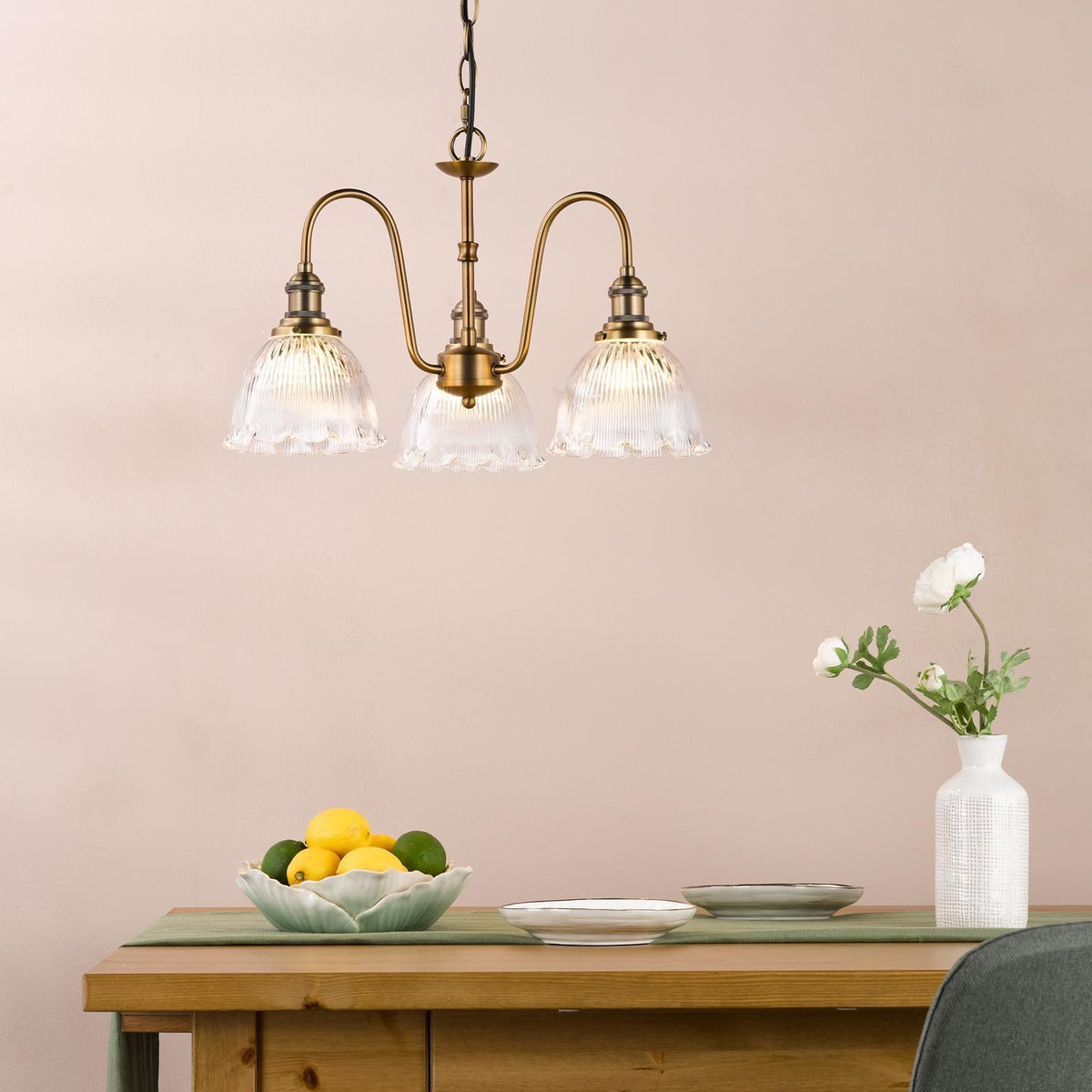 Hadano 3 Light Pendant in Antique Bronze with Domed Ribbed Shades