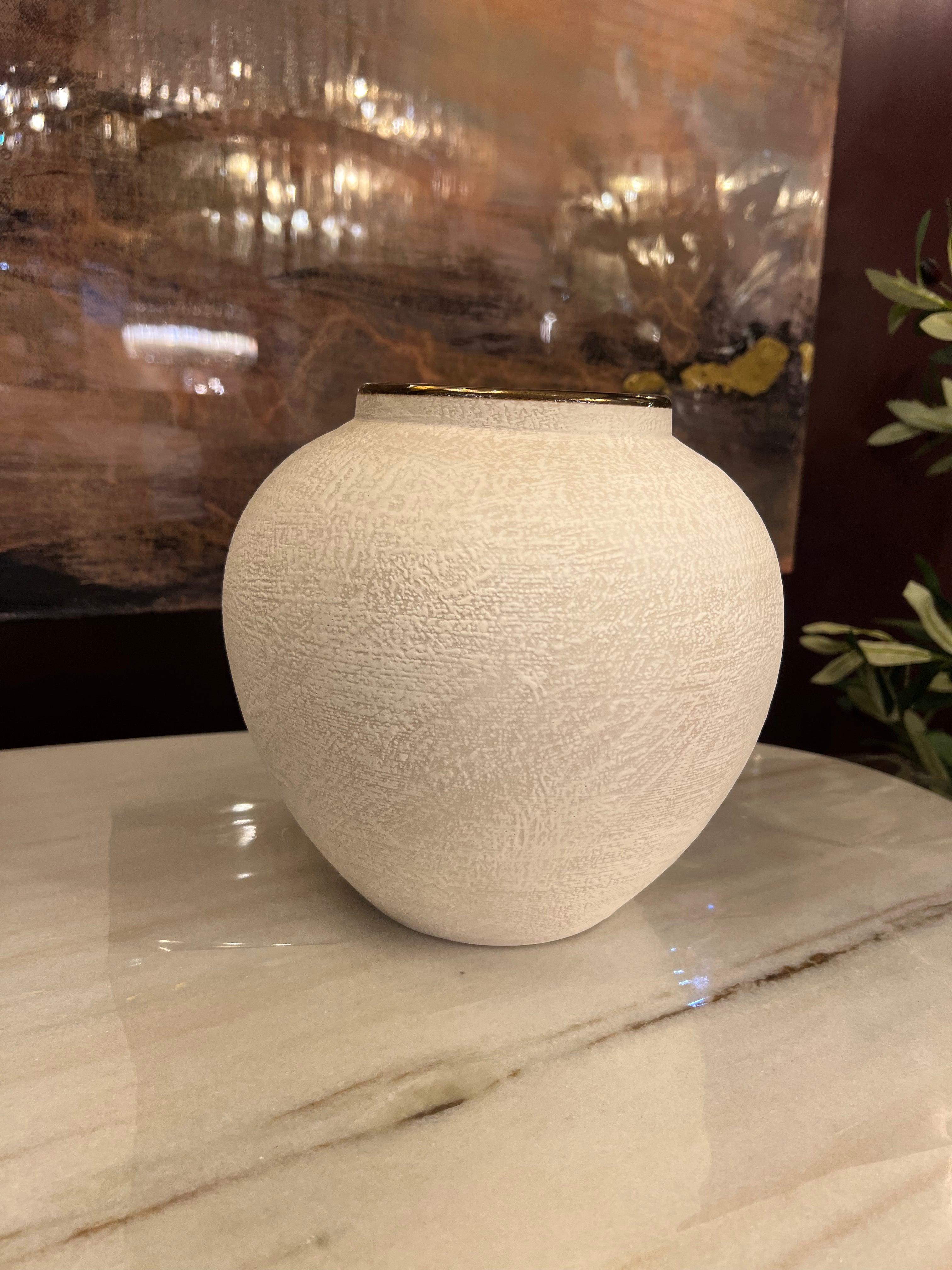 Small White Ceramic Vase with Gold Detailing