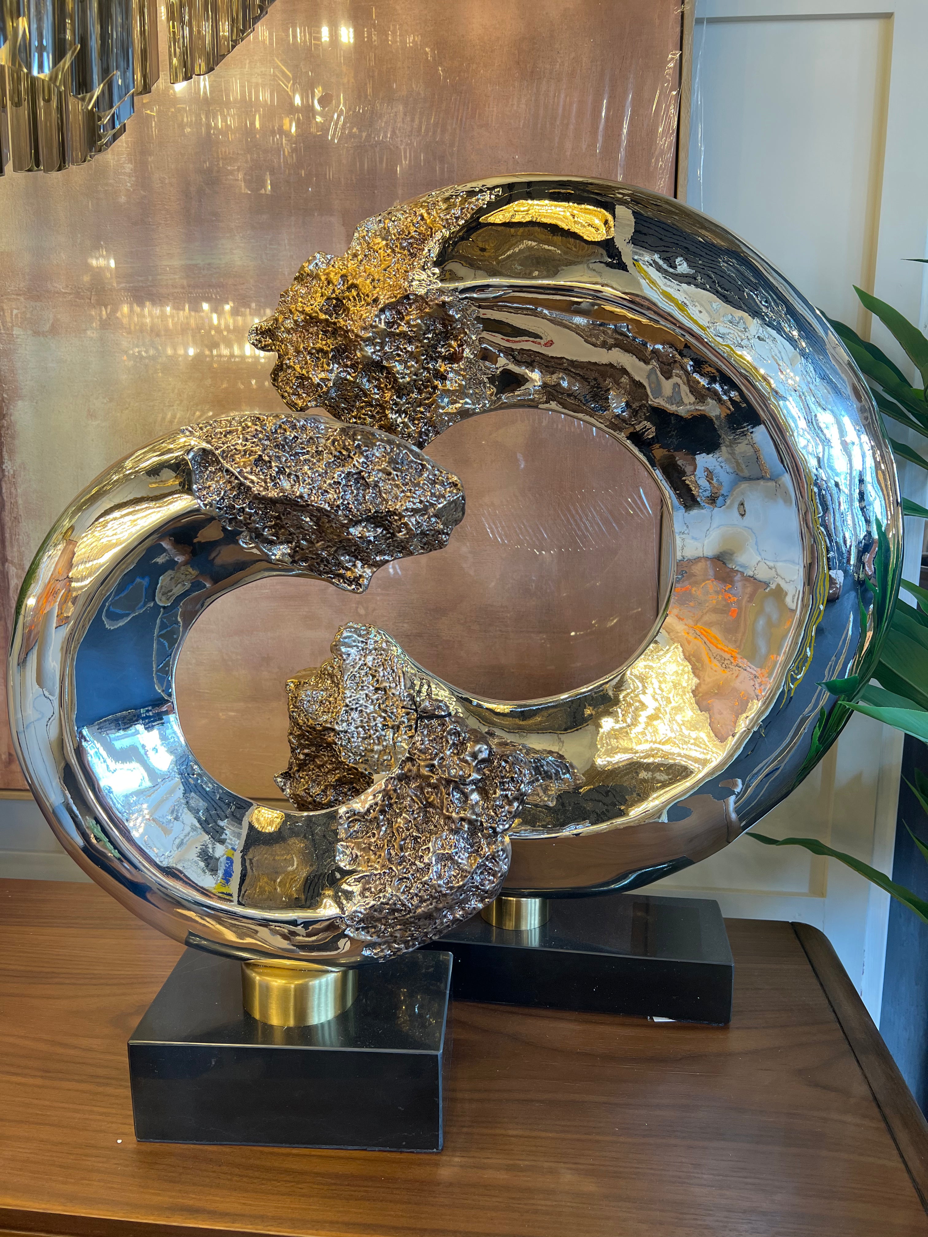 Large Gold Leopard Crescent Sculpture on Black Base