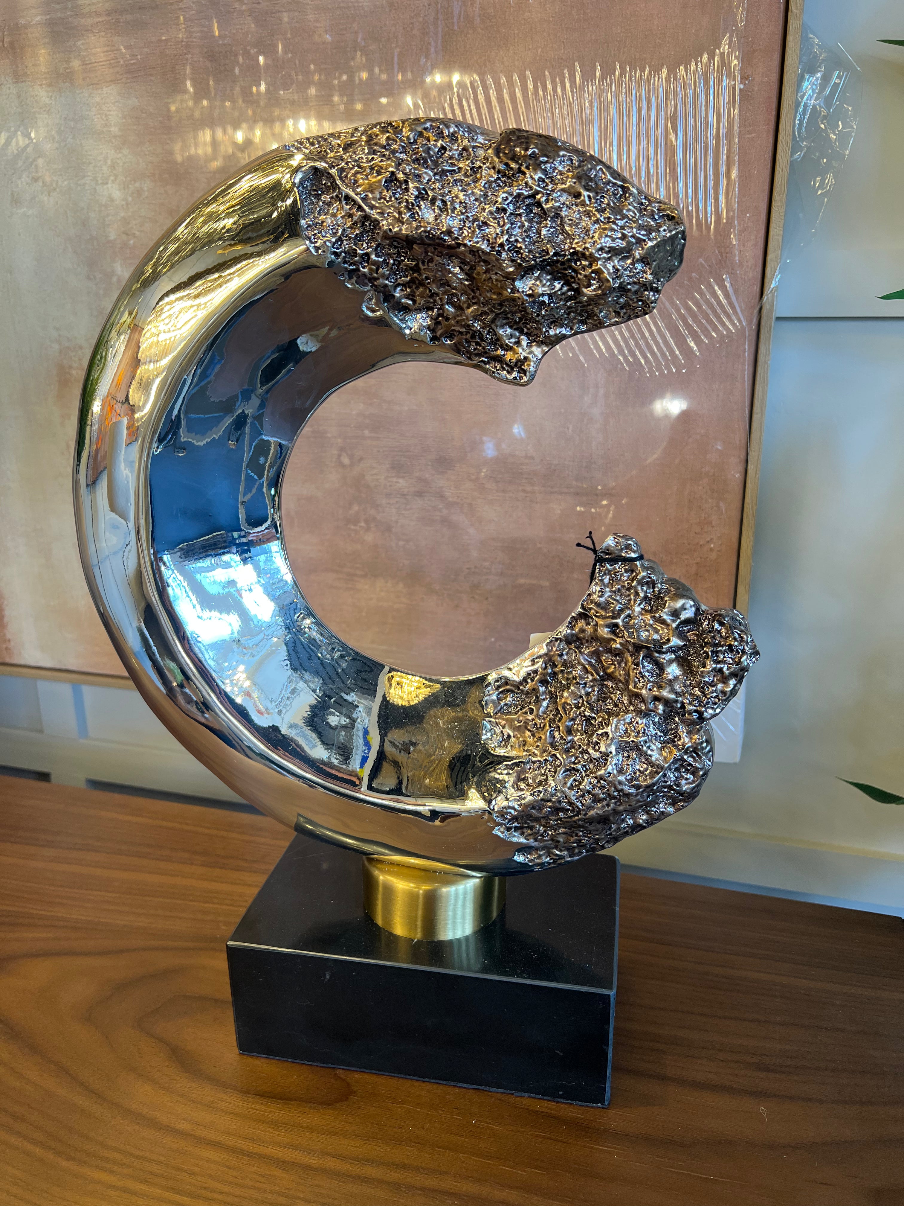 Small Gold Leopard Crescent Sculpture on Black Base