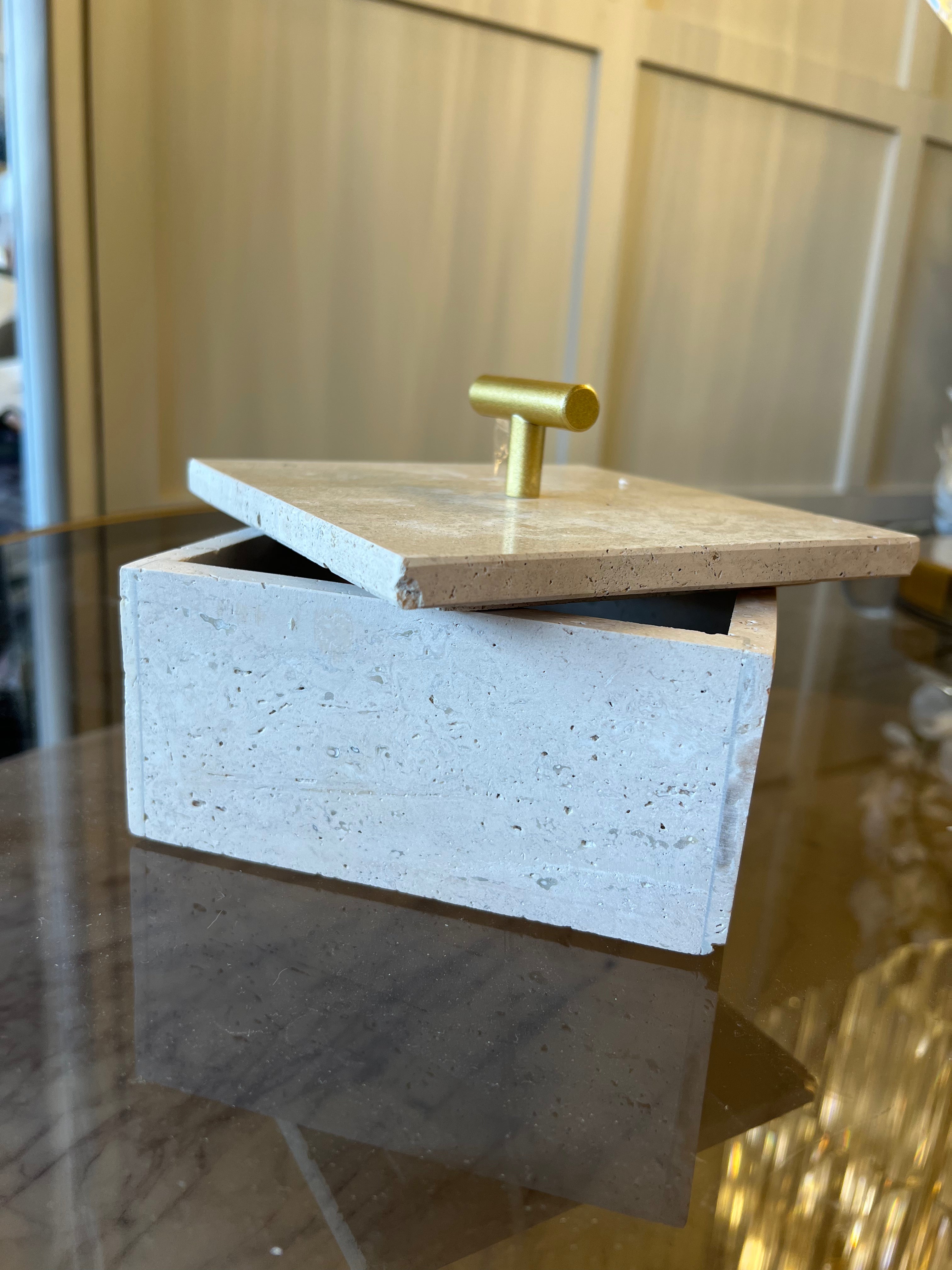 Beige Stone Ornament Box with Brass Lid