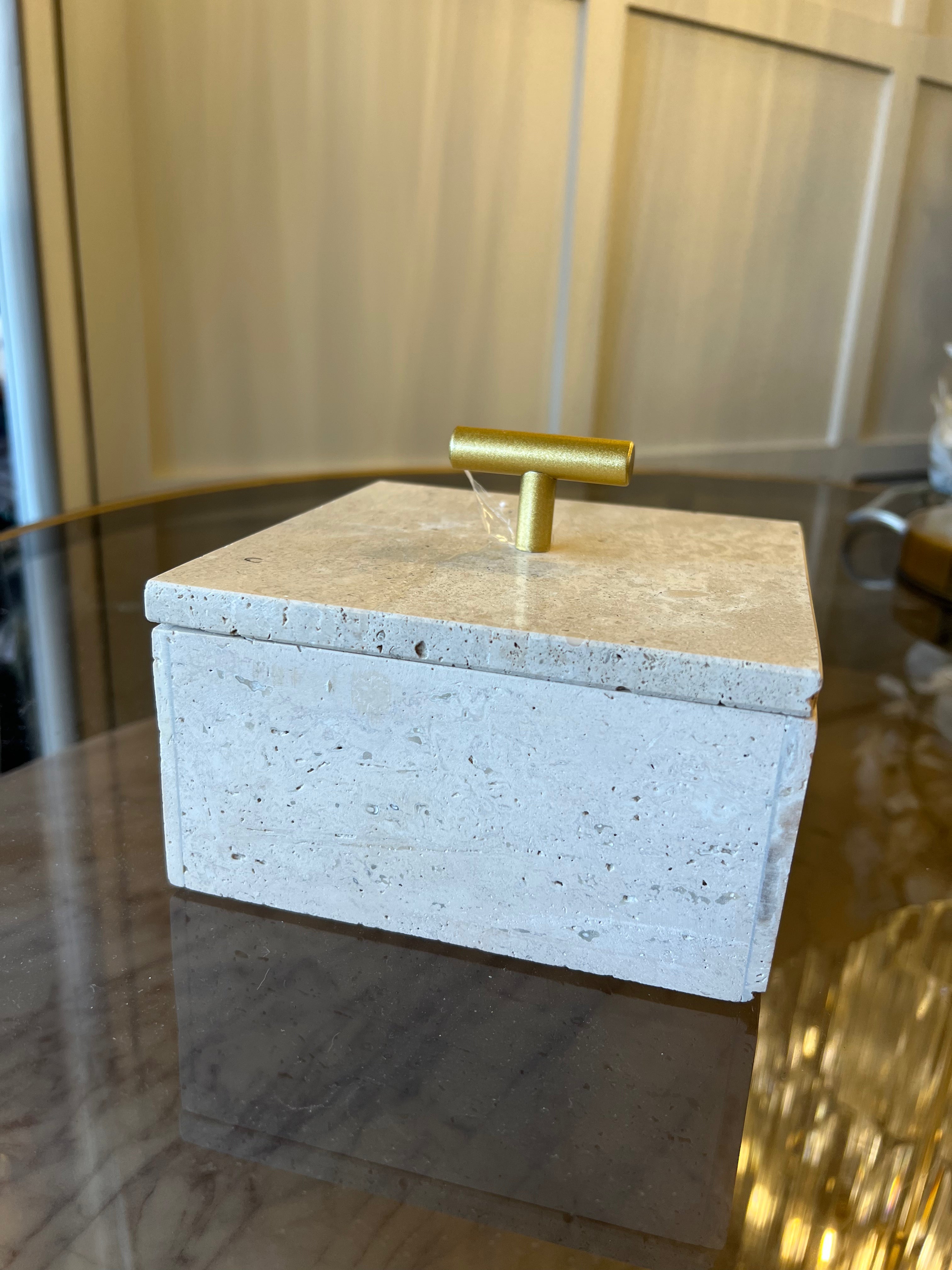 Beige Stone Ornament Box with Brass Lid