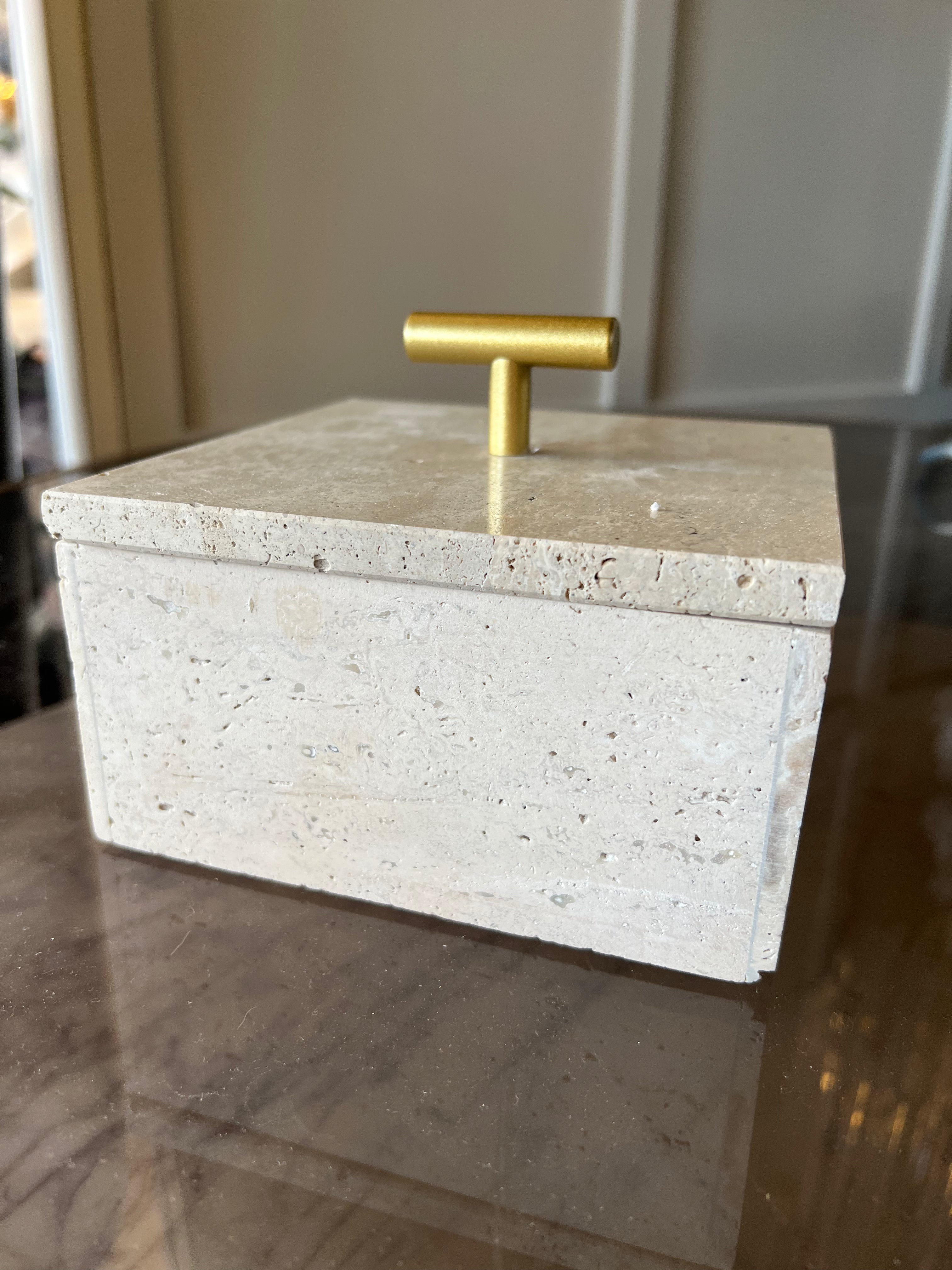 Beige Stone Ornament Box with Brass Lid