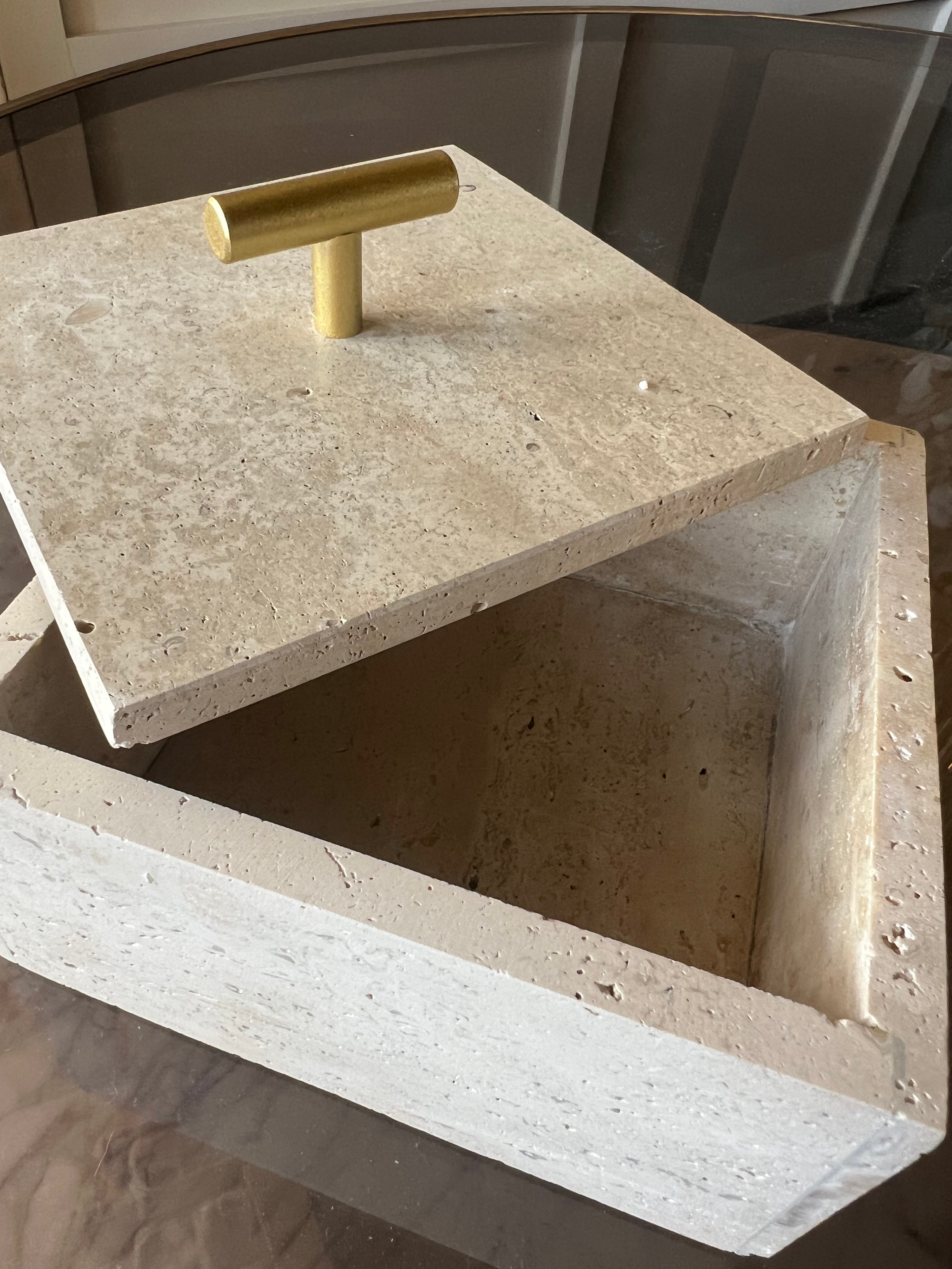 Beige Stone Ornament Box with Brass Lid
