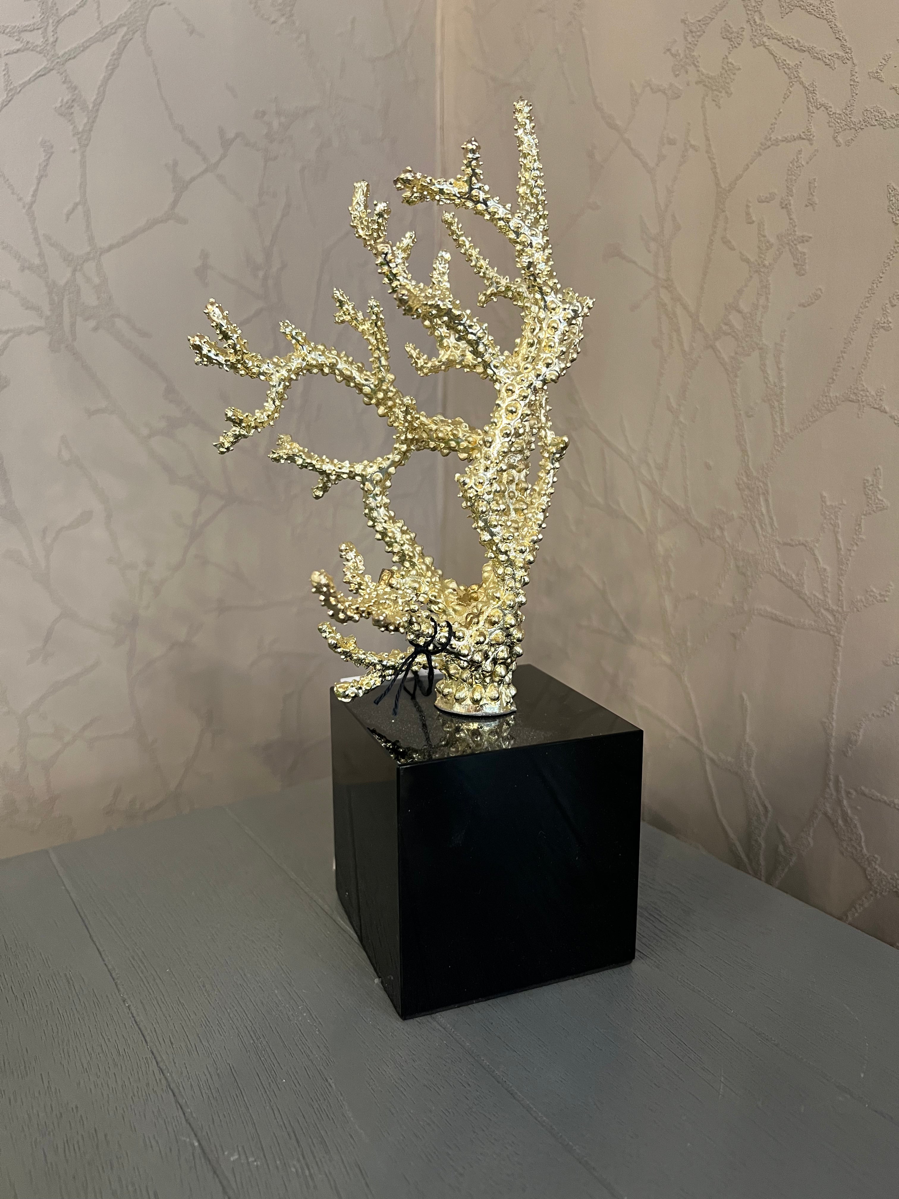 Large Gold Coral Sculpture on Stone Base