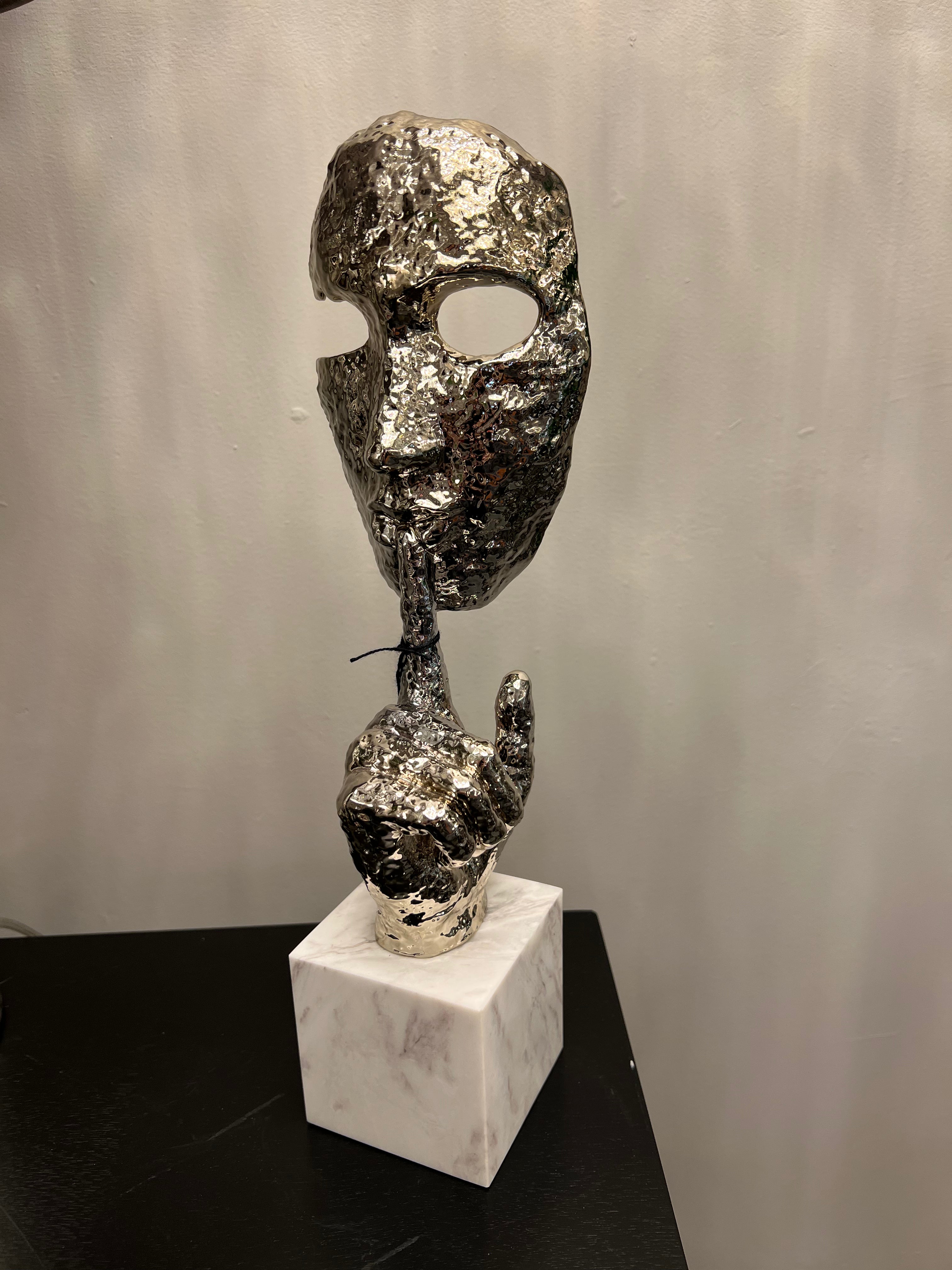 Silver Hammered Metal Mask on Stone Base