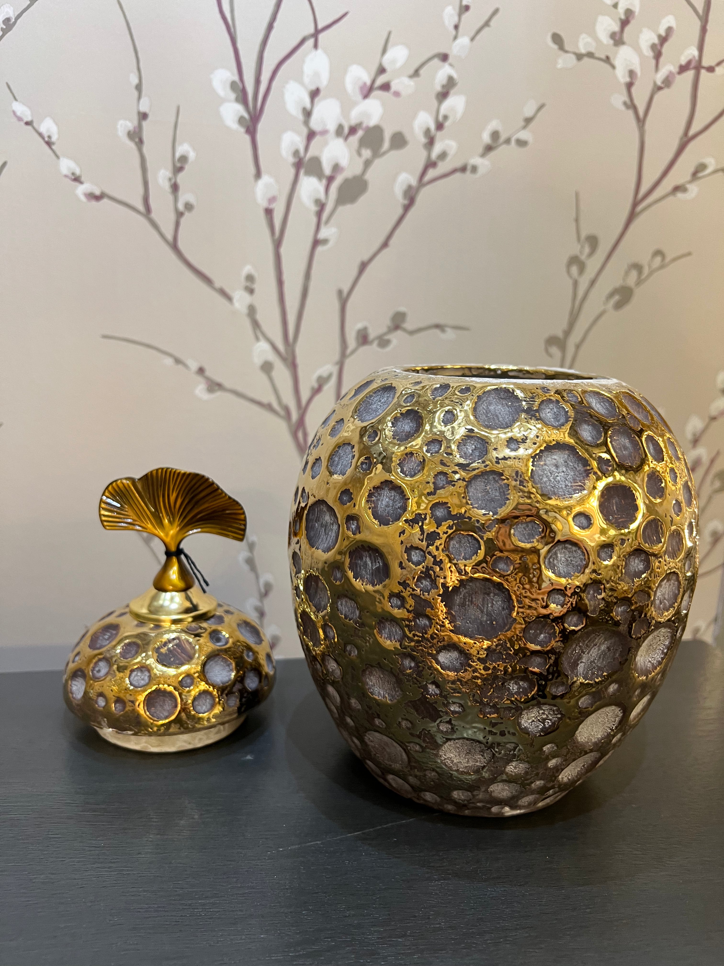 Small Ceramic Gold Detailed Urn with Lid
