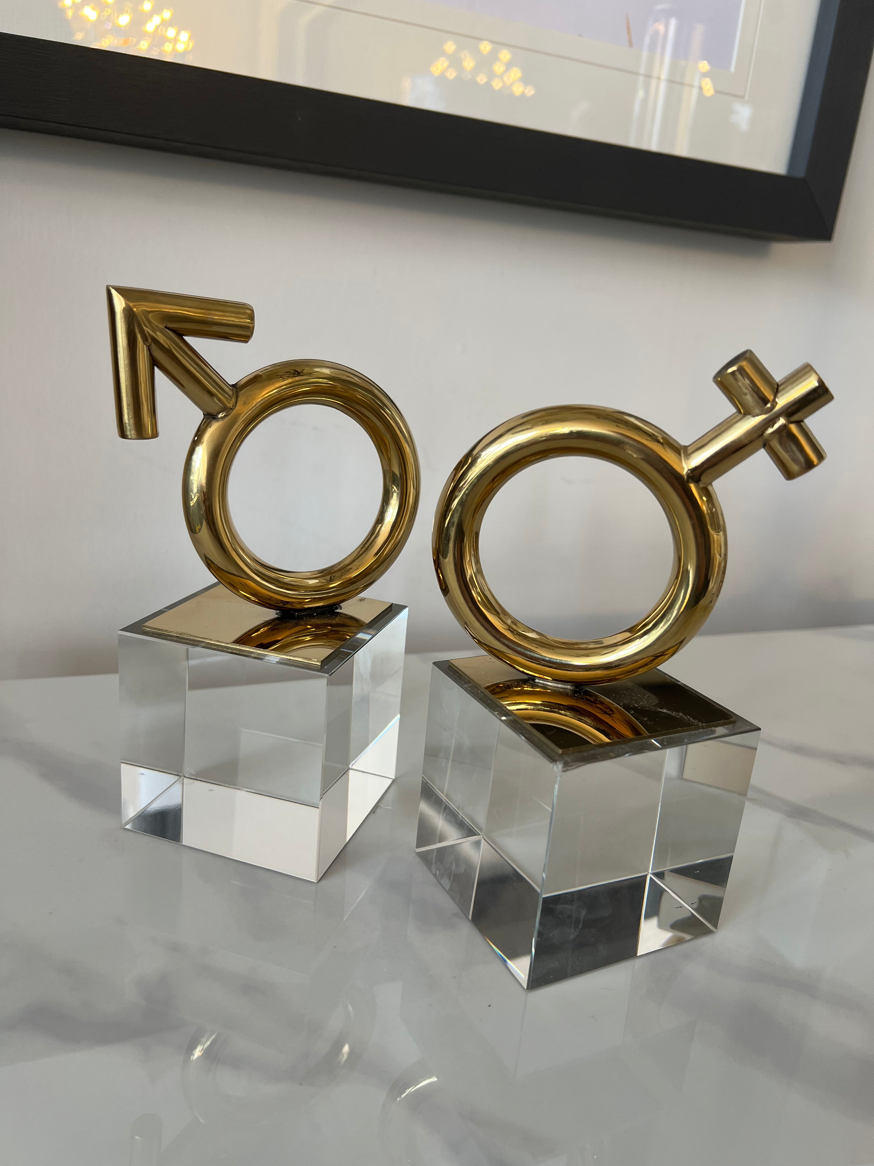 Set of 2 Gold Sculptures on Glass Base