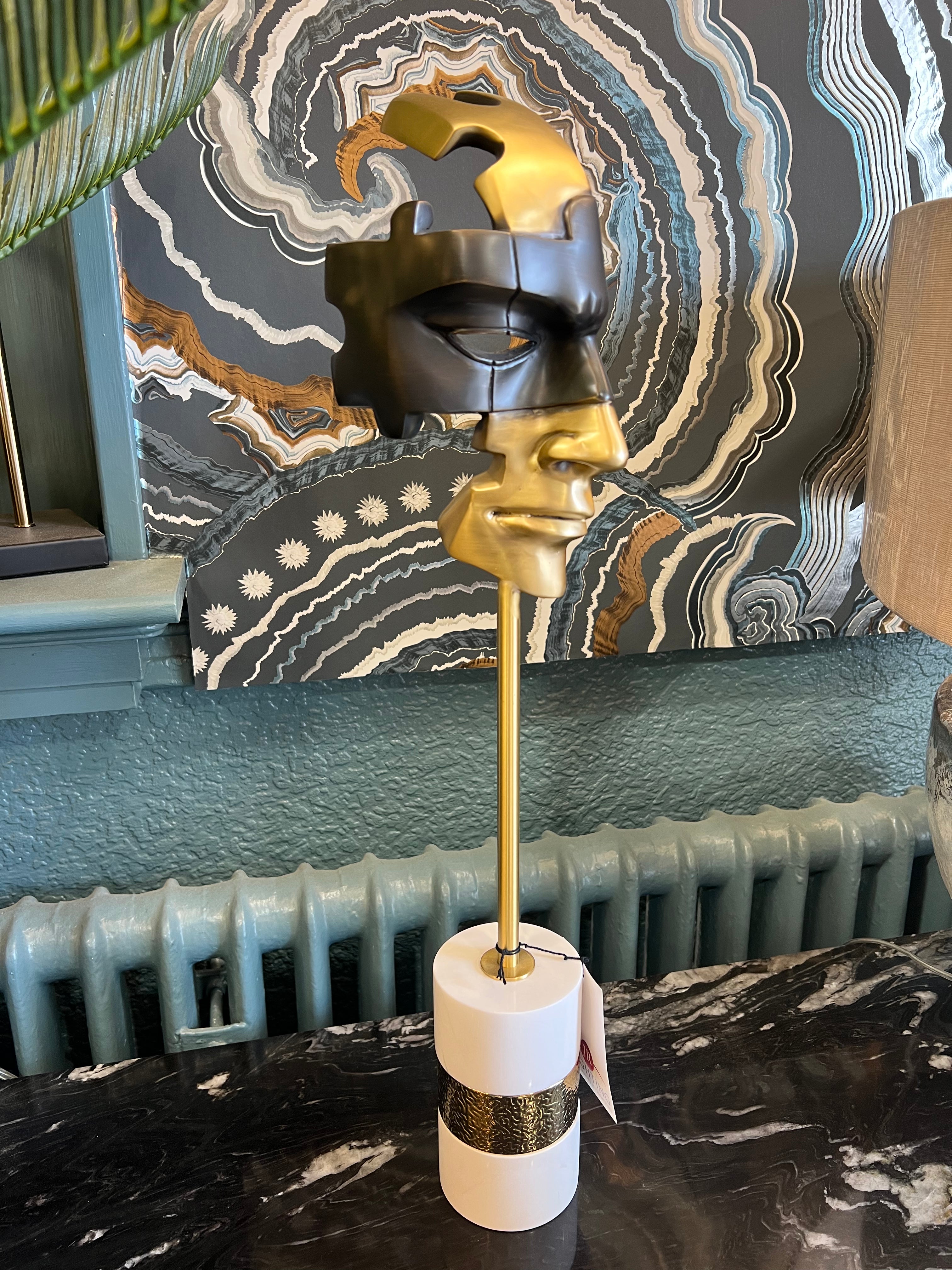 Large Black and Gold Mask on Stone Base