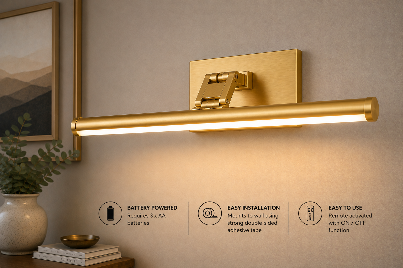 Large Battery Operated LED Picture Light in Gold