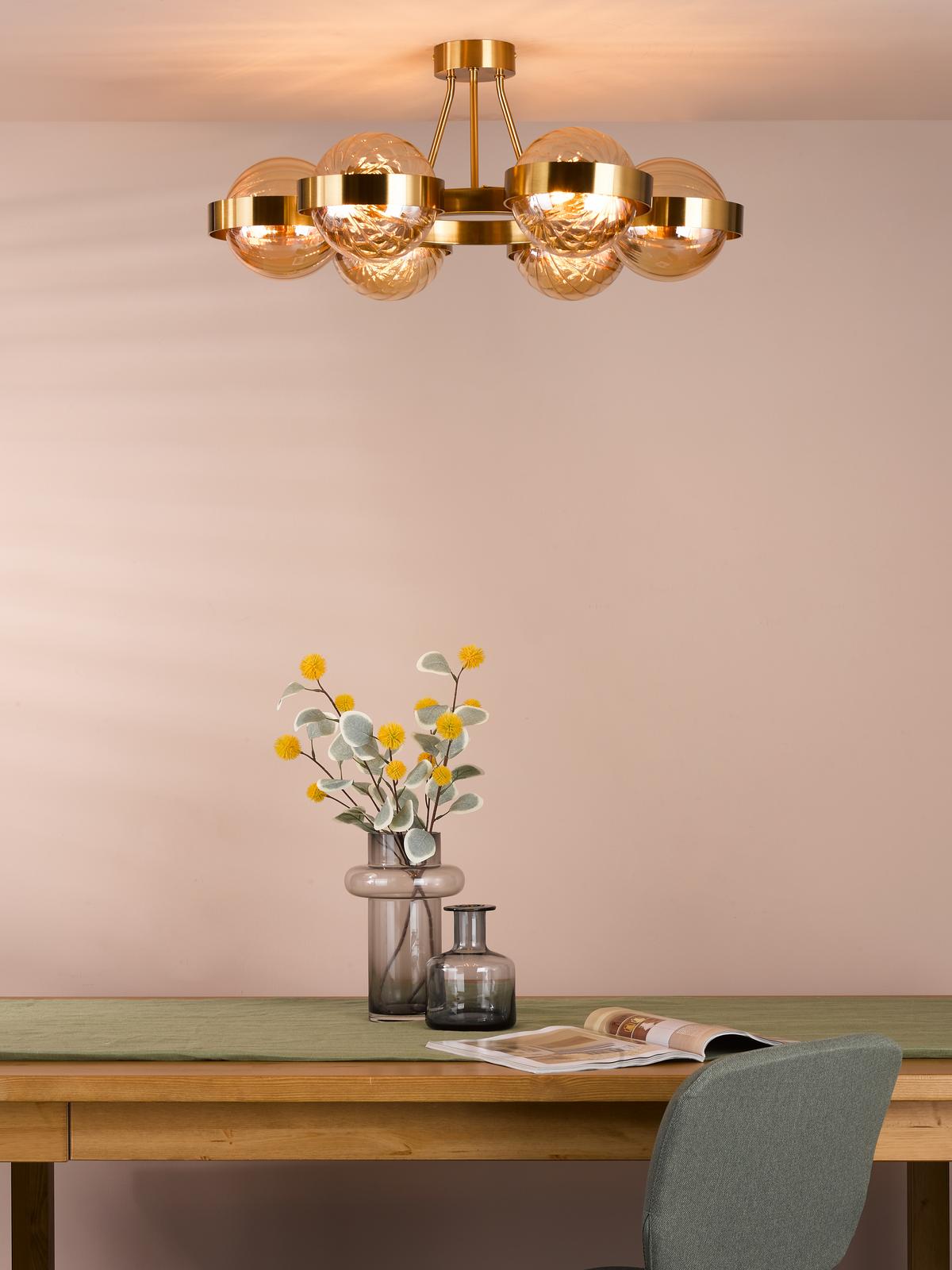 Ophira 6 Light Semi-Flush Antique Gold and Amber Ribbed Glass