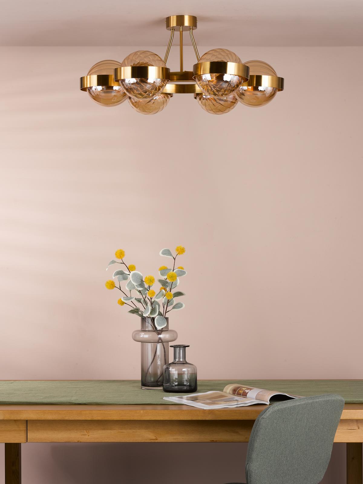 Ophira 6 Light Semi-Flush Antique Gold and Amber Ribbed Glass