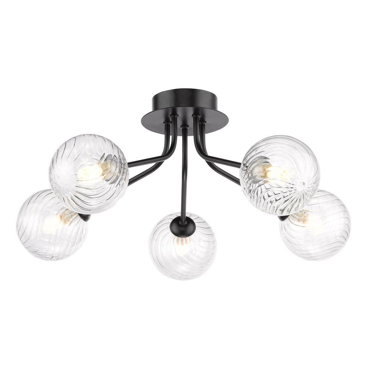 Poyen 5 Light Semi-Flush Matt Black and Ribbed Glass