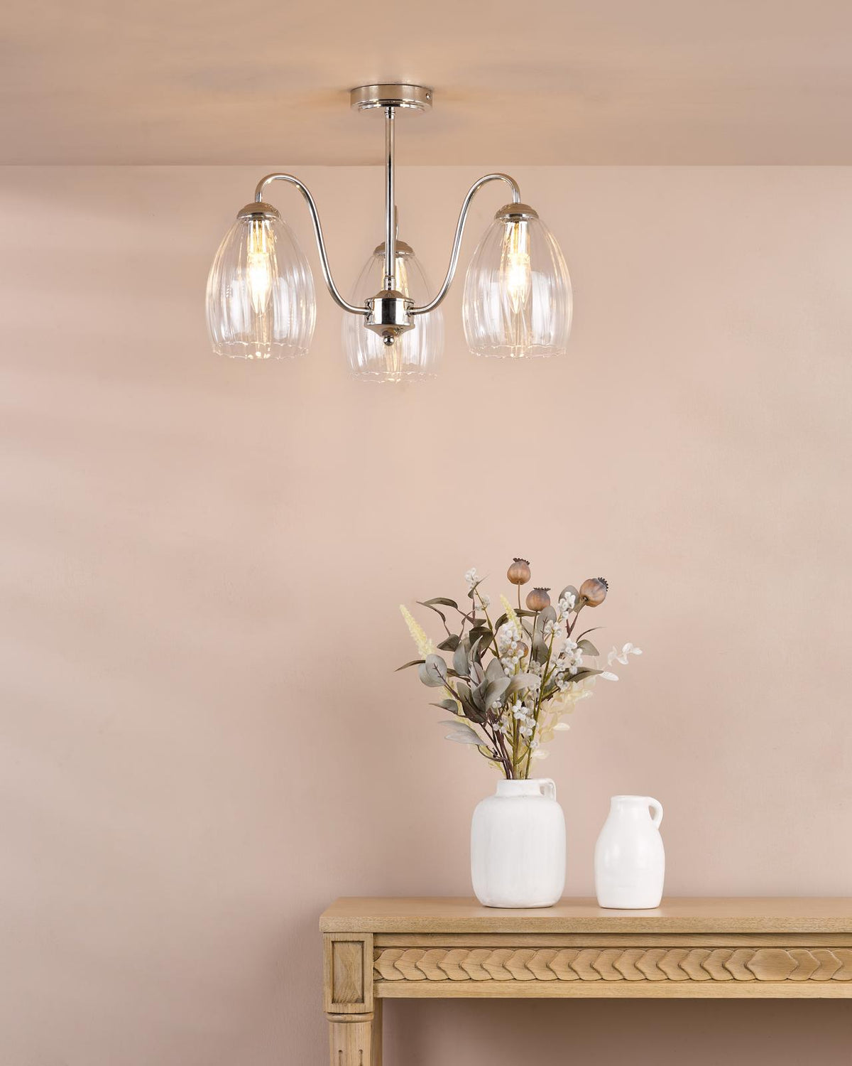 Valora 3 Light Semi-Flush Polished Nickel and Ribbed Glass