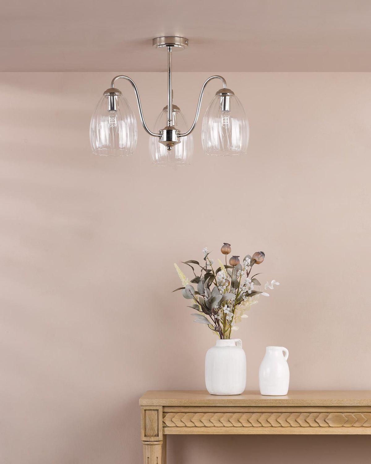 Valora 3 Light Semi-Flush Polished Nickel and Ribbed Glass