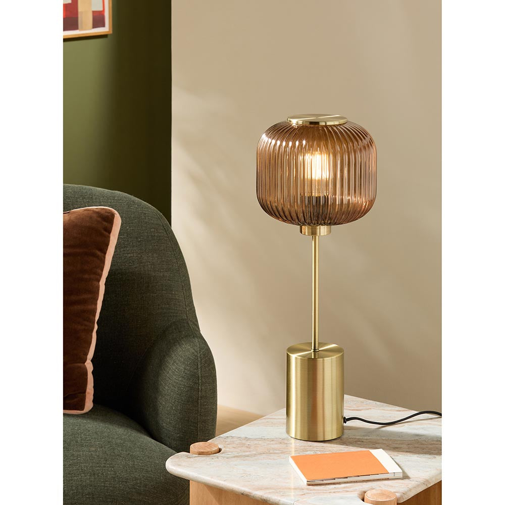 Briz Large Antique Brass Table Lamp with Amber Shade