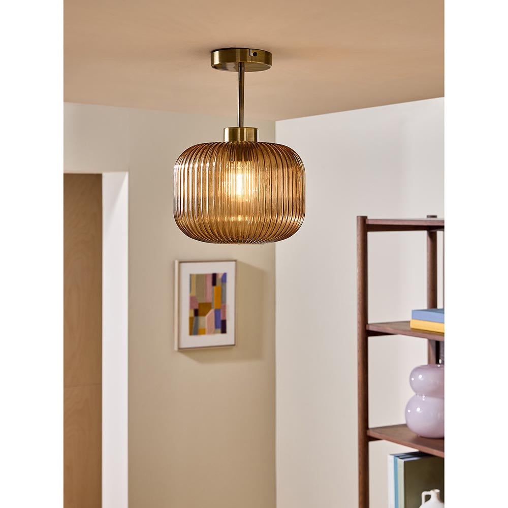 Briz Antique Brass Semi-Flush with Amber Shade