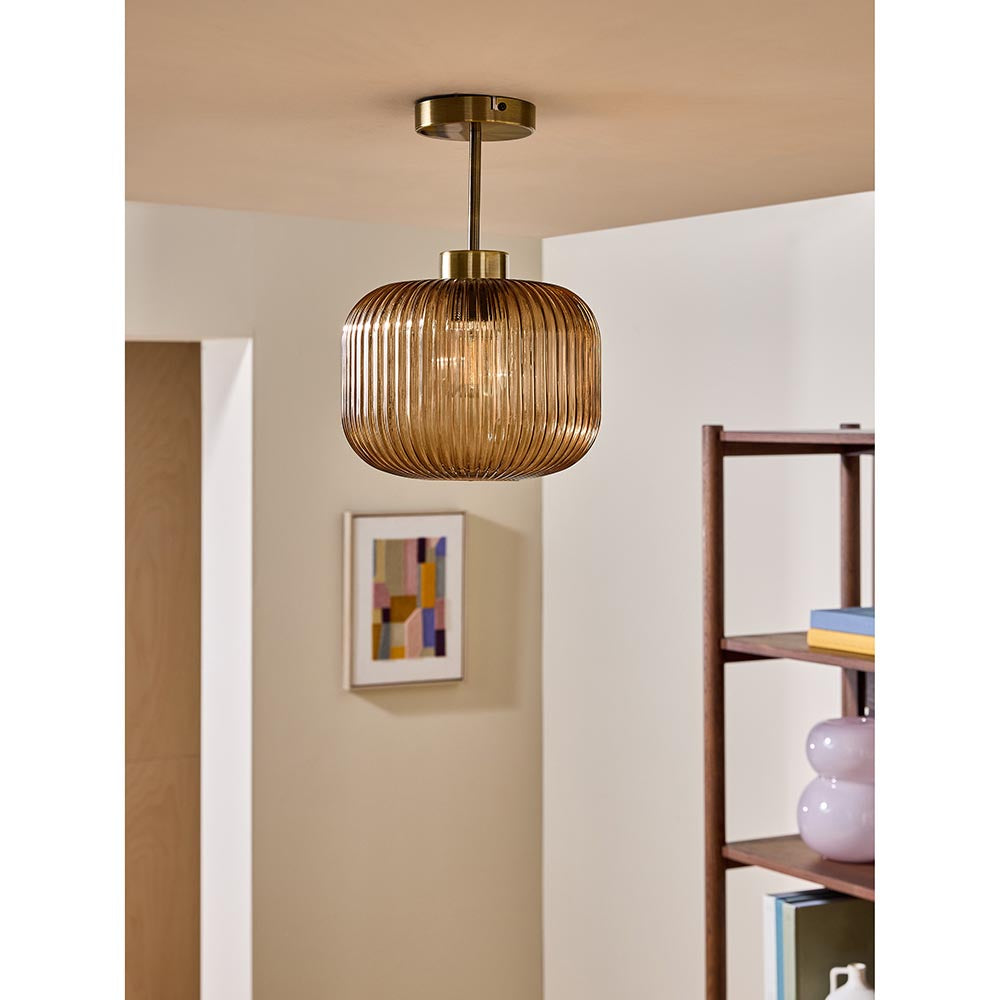 Briz Antique Brass Semi-Flush with Amber Shade