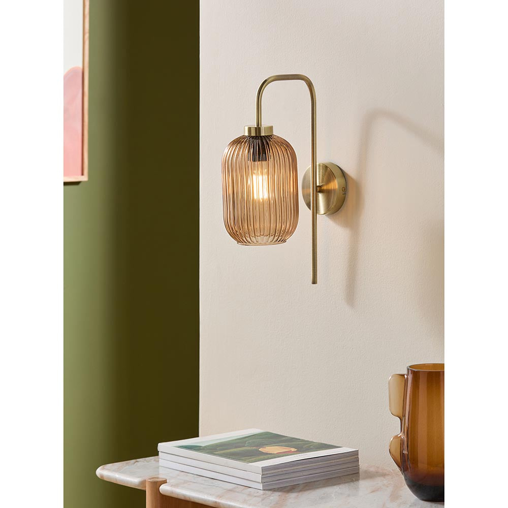 Briz Antique Brass Wall Light with Amber Glass