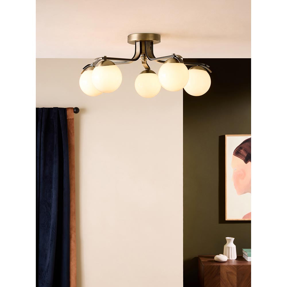 Palla Antique Brass 5 Light Semi Flush