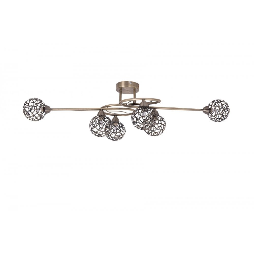 Ronda 6 Light Antique Brass Semi Flush Light with Mesh Ball Shade