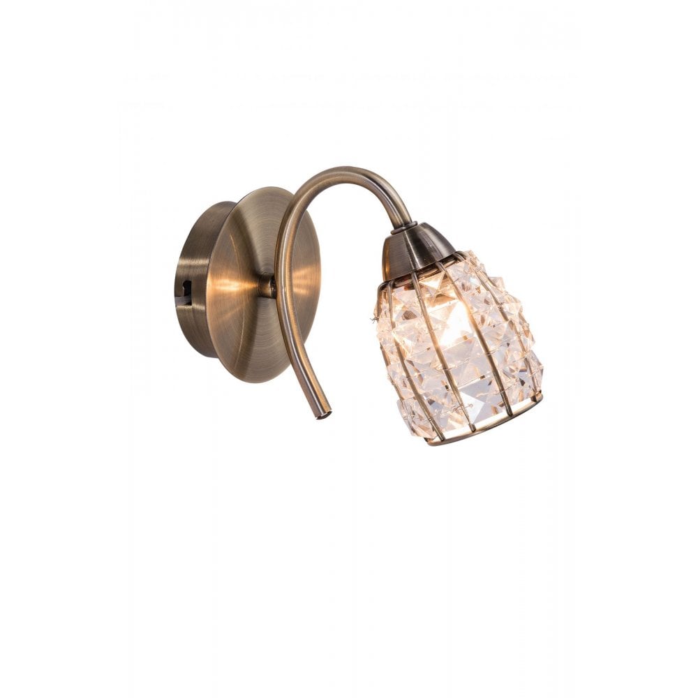 Roma 1 Light Antique Brass Wall Light with Crystal Shade