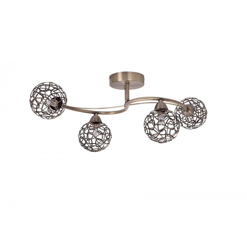 Ronda 4 Light Antique Brass Semi Flush Light with Mesh Ball Shade