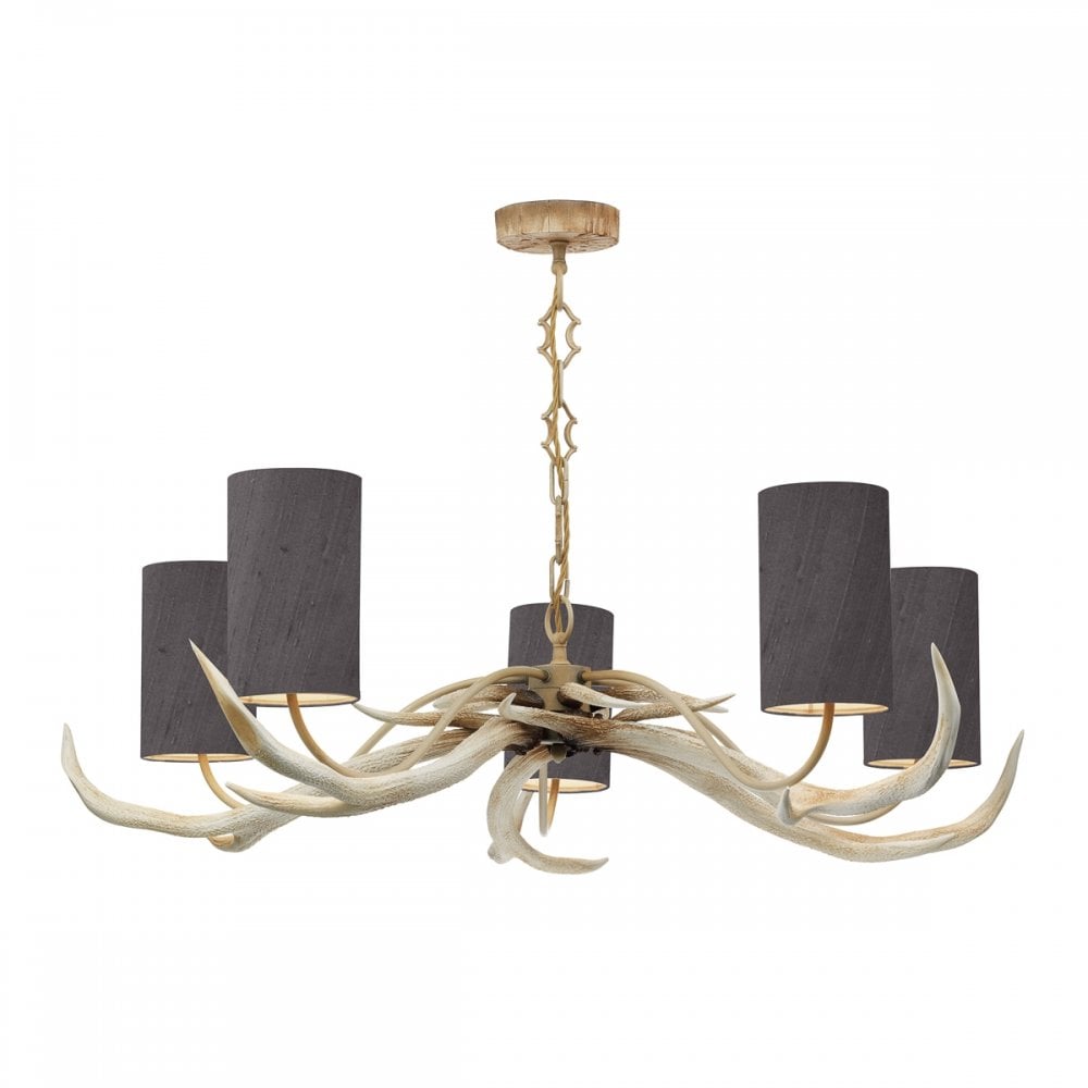 Antler 5 Light Bleached Pendant with Bespoke Silk Shades