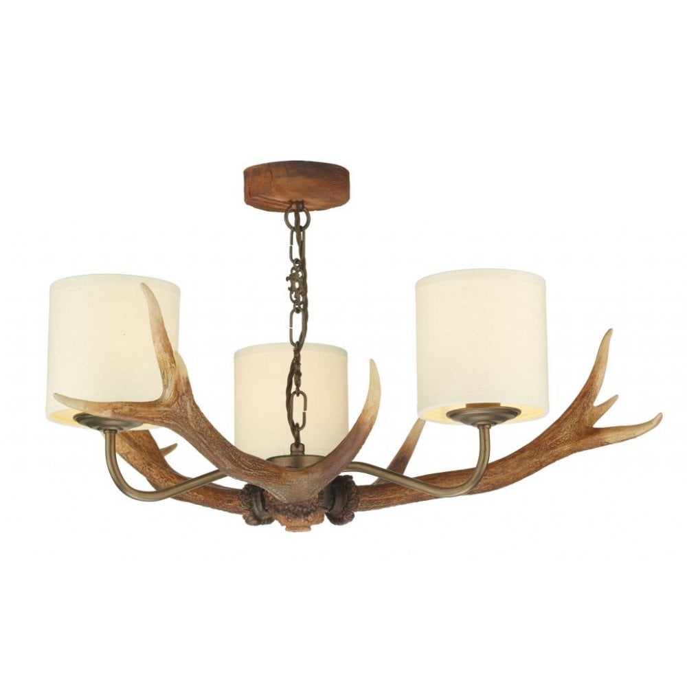 Antler 3 Light Highland Rustic Fitting Complete with Shades