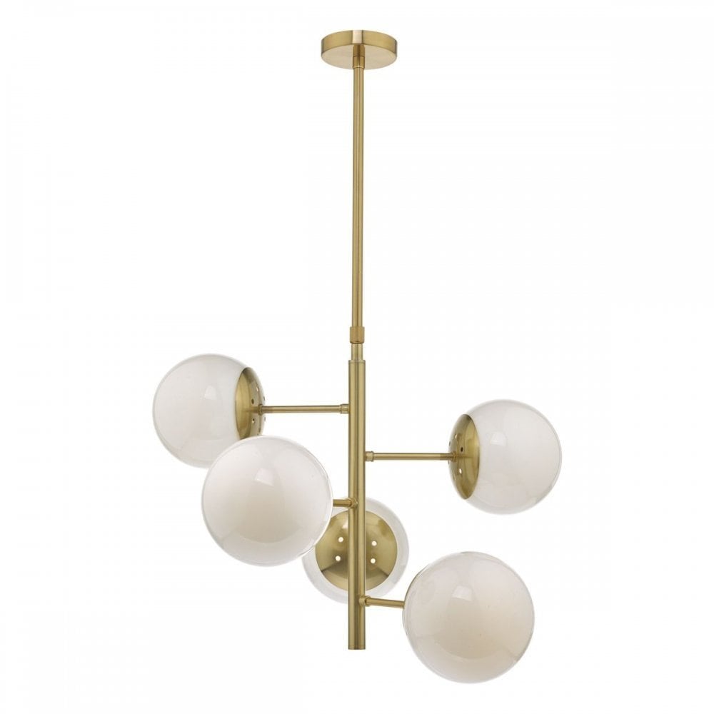Bombazine 5 Light Pendant Natural Brass & White Opal Glass