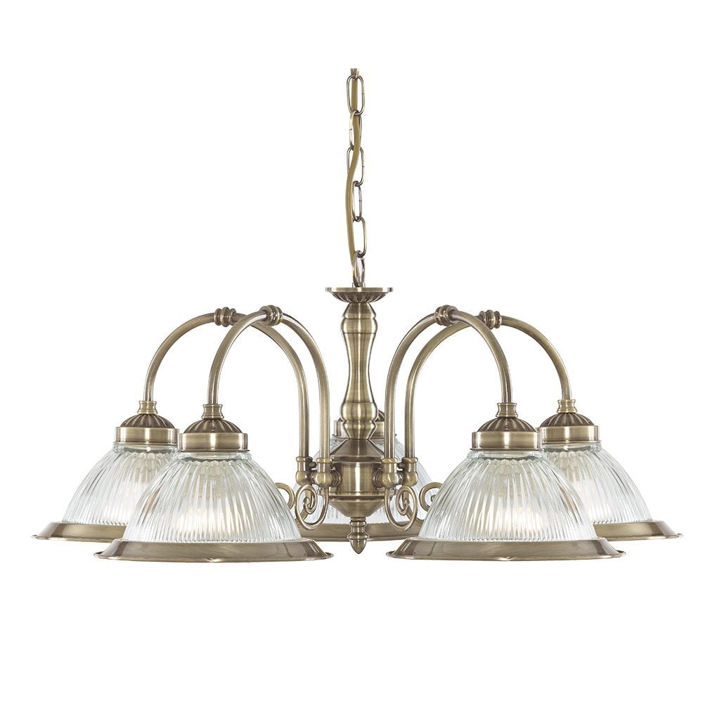 American Diner 5 Light Ceiling Antique Brass Clear Glass