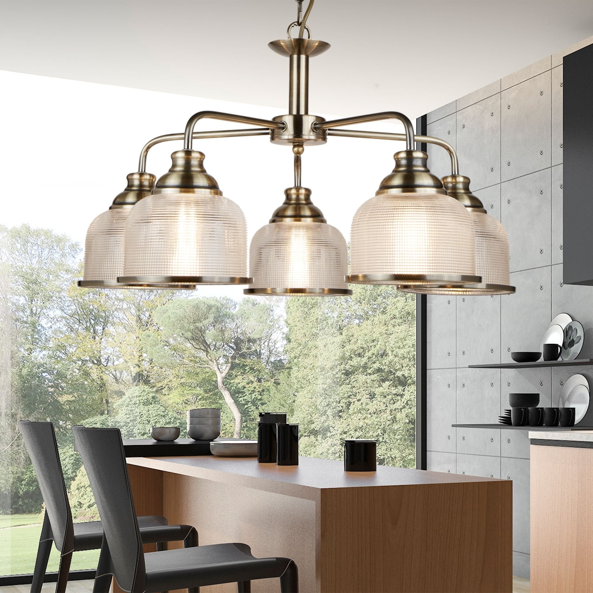 Bistro II 5 Light Ceiling Antique Brass With Halophane Glass