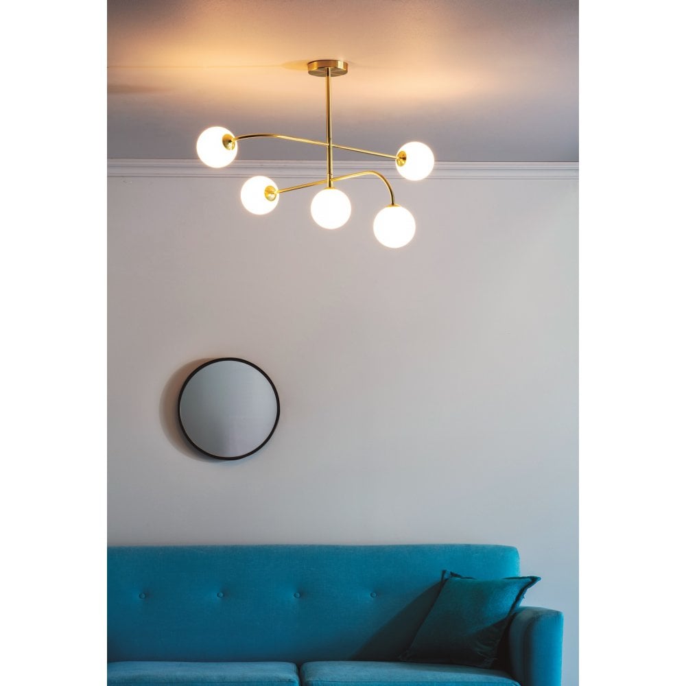 Otto 5 Light Semi Flush in Brushed Brass with Gloss White Glass