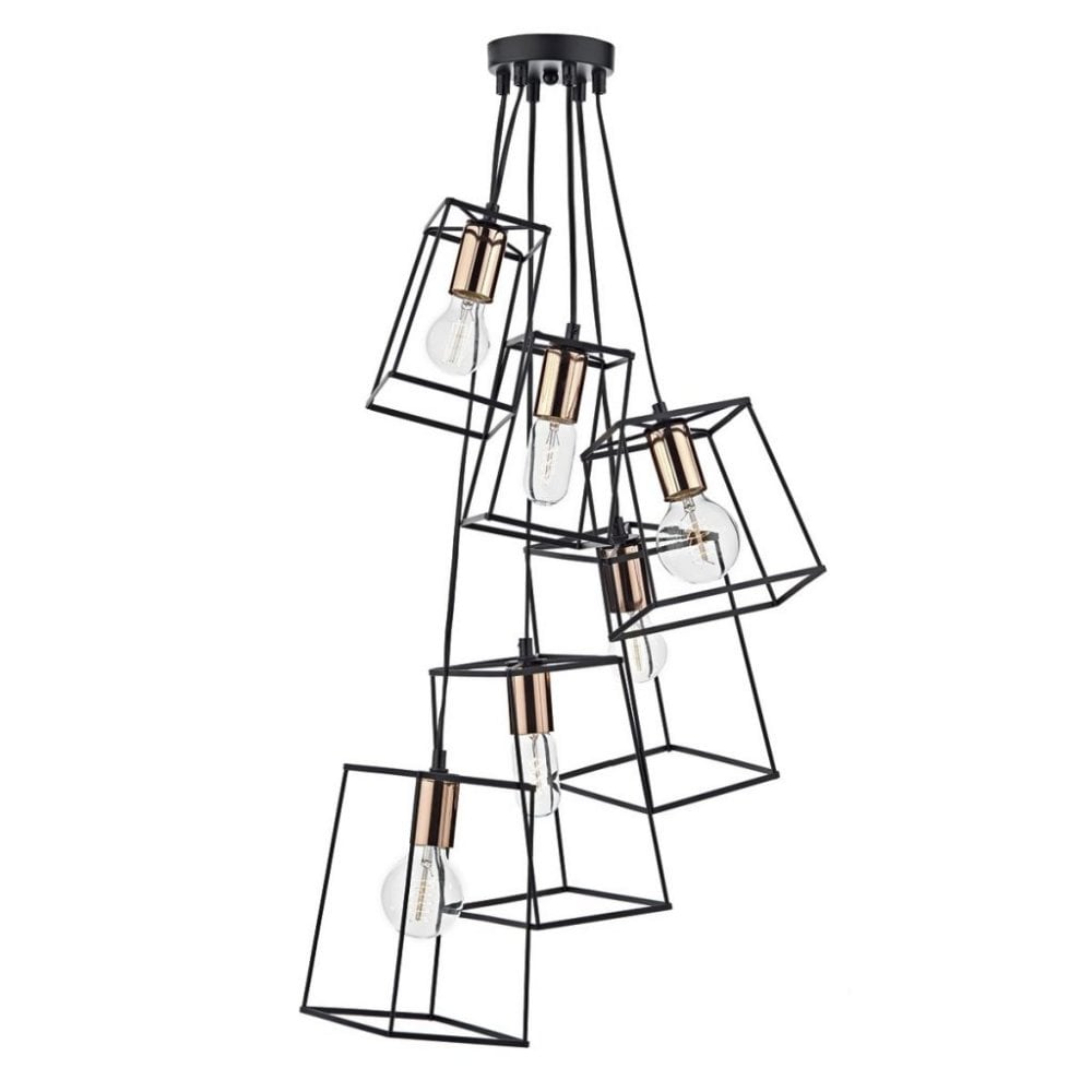 Tower 6 Light Cluster Pendant in Black & Copper
