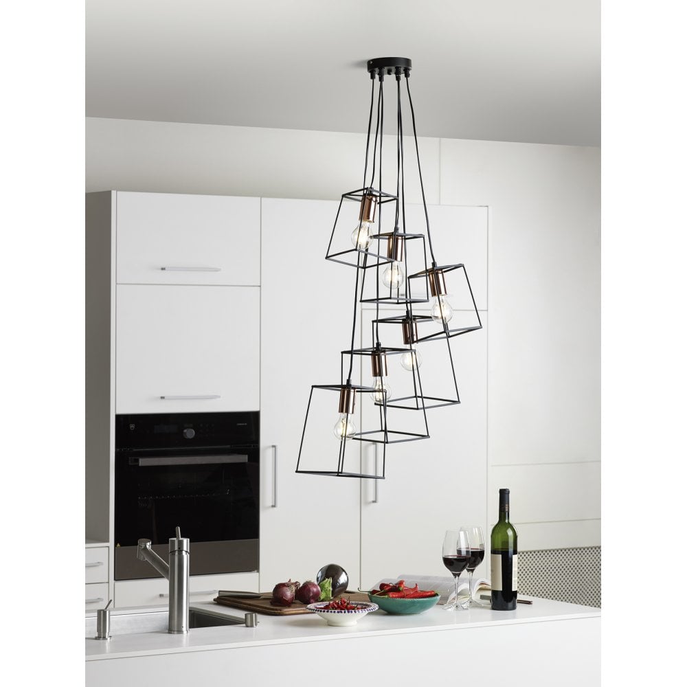 Tower 6 Light Cluster Pendant in Black & Copper