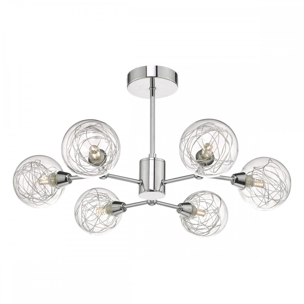 Tyka 6 Light Semi Flush Fitting in Polished Chrome & Glass