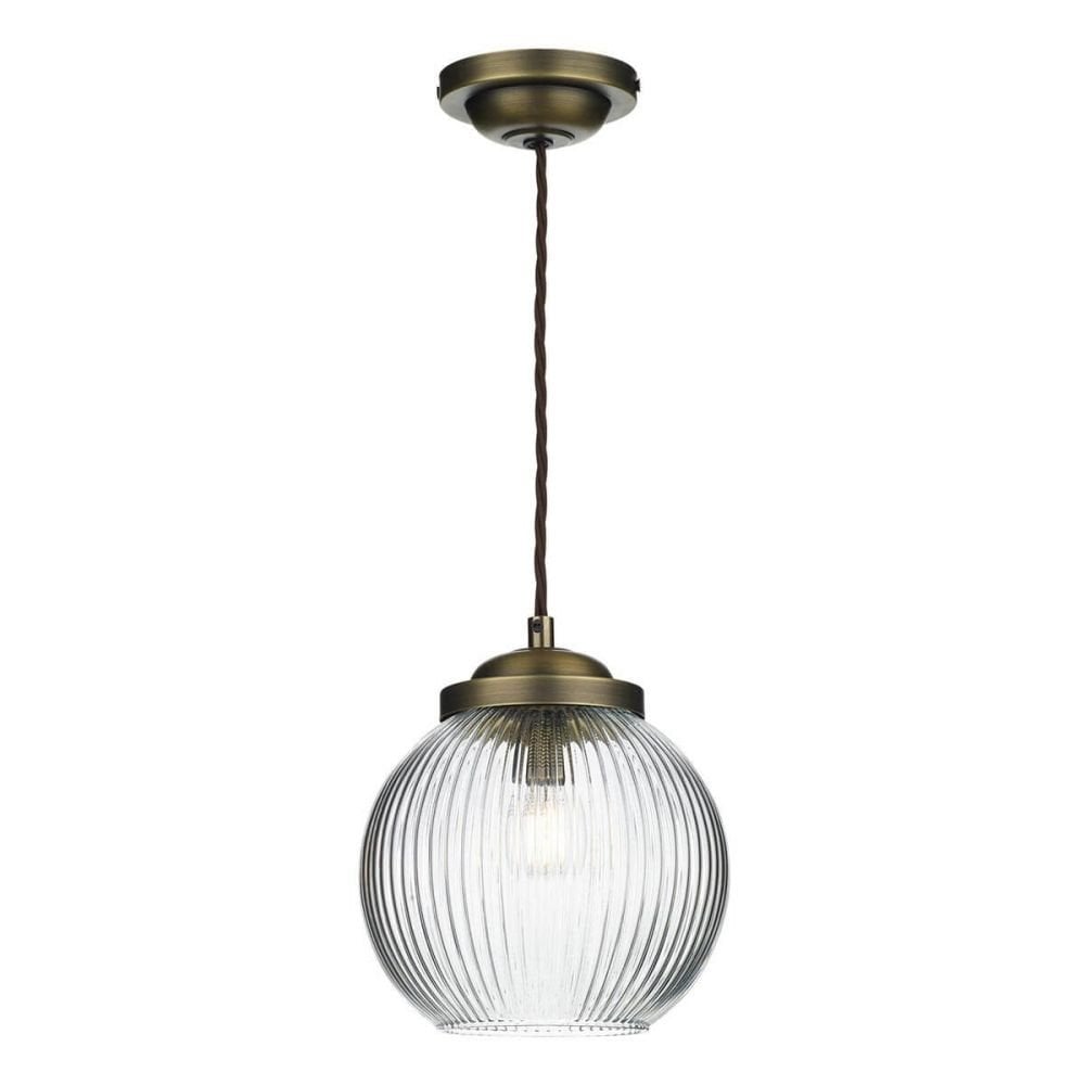 Henley Pendant Bowl Shaped Reeded Glass Antique Brass