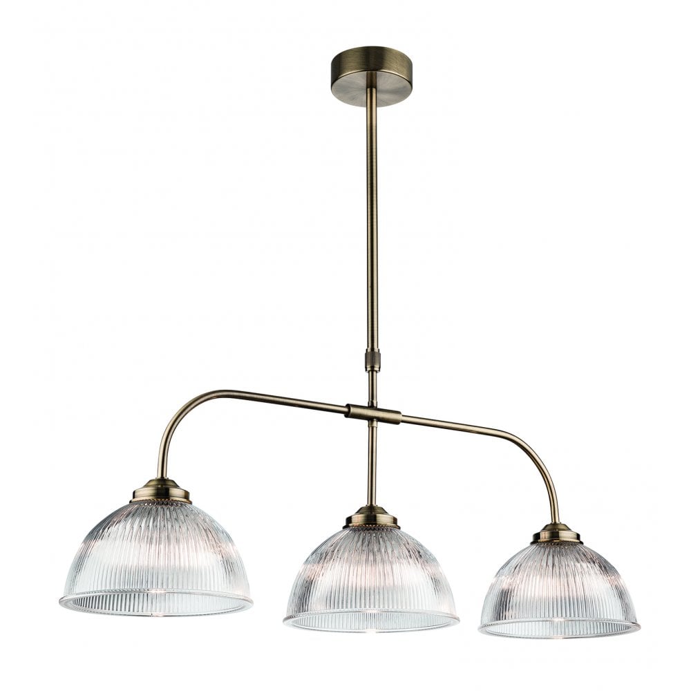 Ashford 3 Light Billiard Fitting in Antique Brass with Ribbed Glass