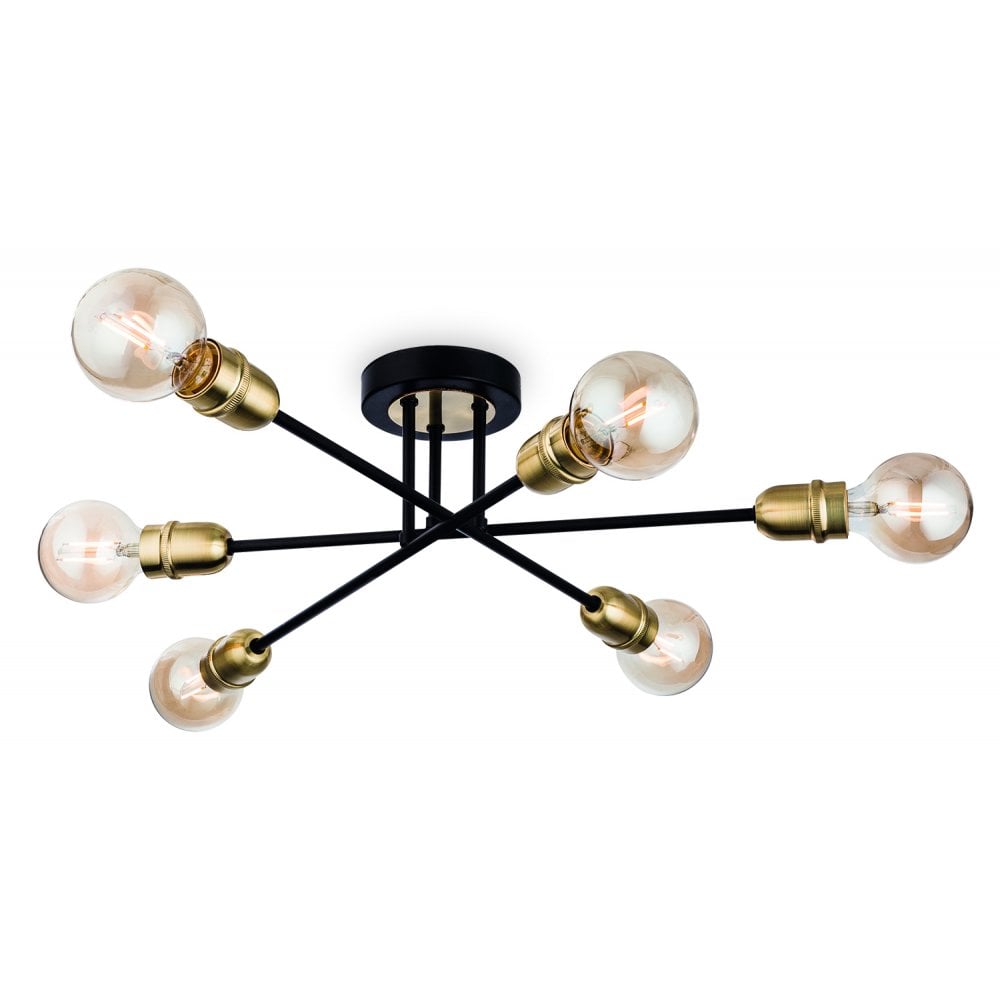 Trident 6 Light Flush Fitting in Black & Brushed Brass Finish