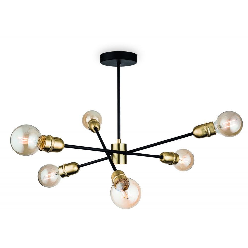 Trident 6 Light Semi-Flush Fitting in Black & Brushed Brass Finish