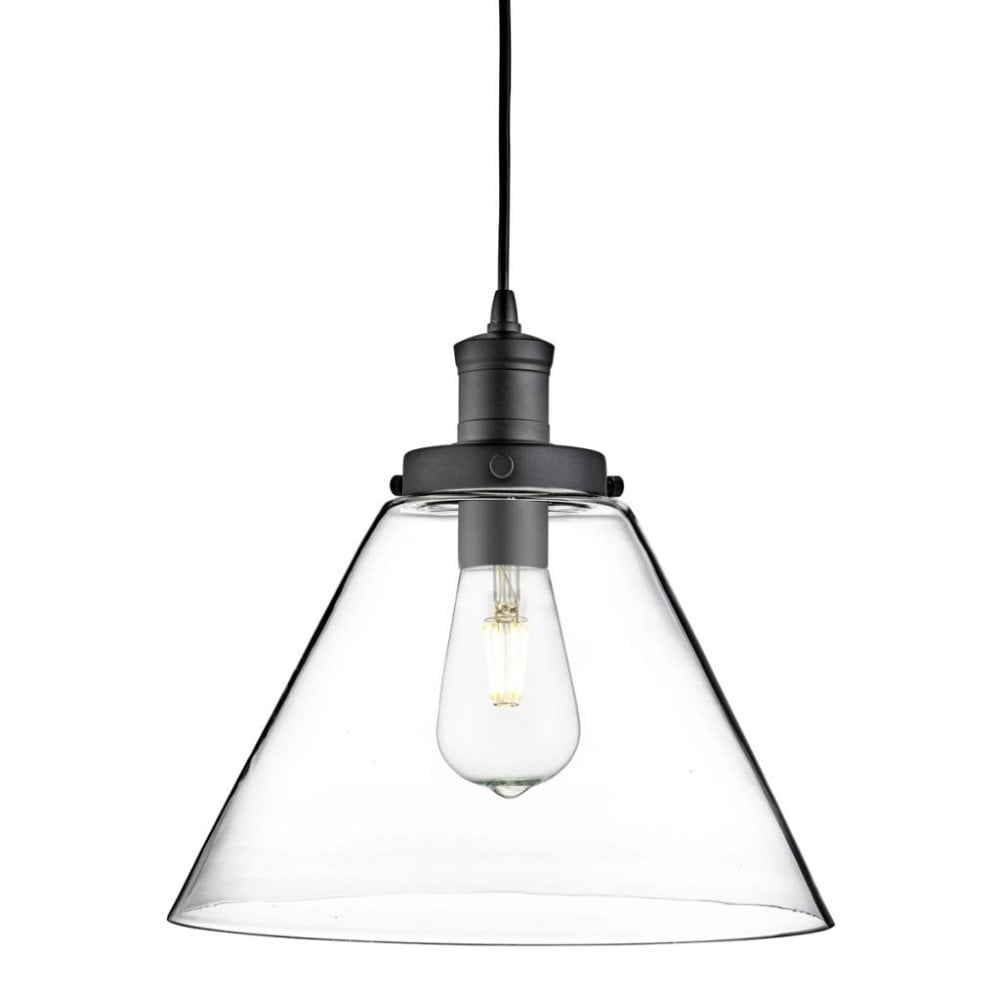 Pyramid 1 Light Pendant Matt Black Clear Glass Shade