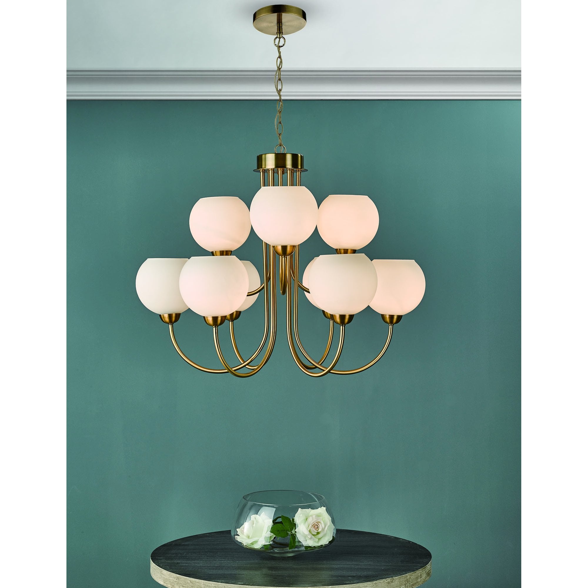Indra 9 Light Pendant Natural Brass With Opal Glass