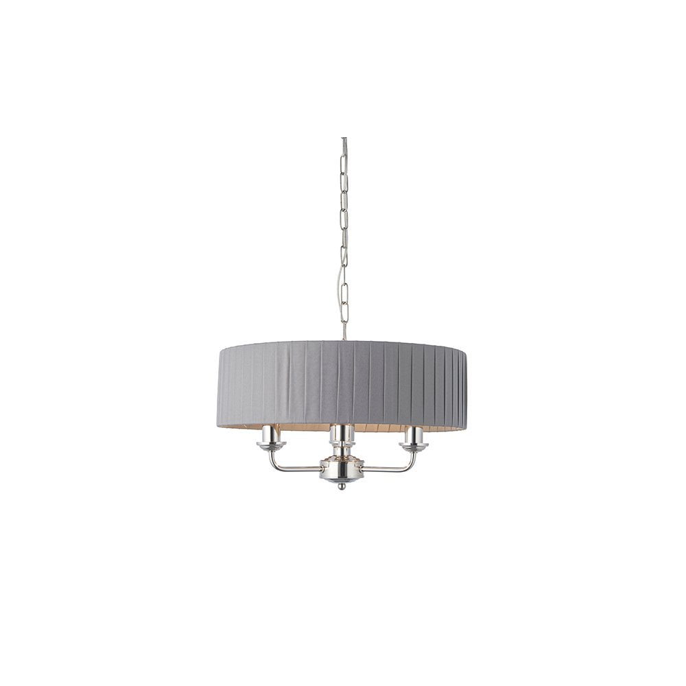 Highclere 3 Light Pendant in Bright Nickel C/W Wrapped Charcoal Silk Shade