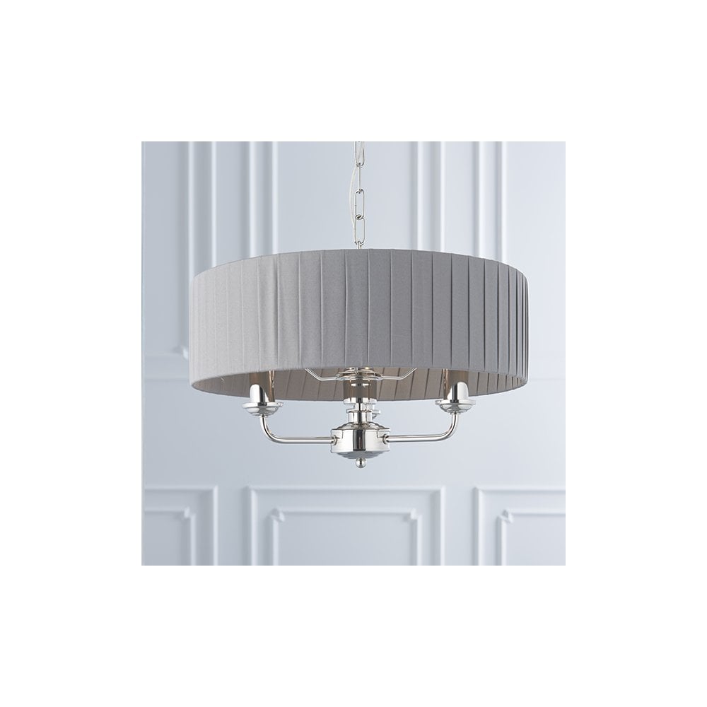 Highclere 3 Light Pendant in Bright Nickel C/W Wrapped Charcoal Silk Shade